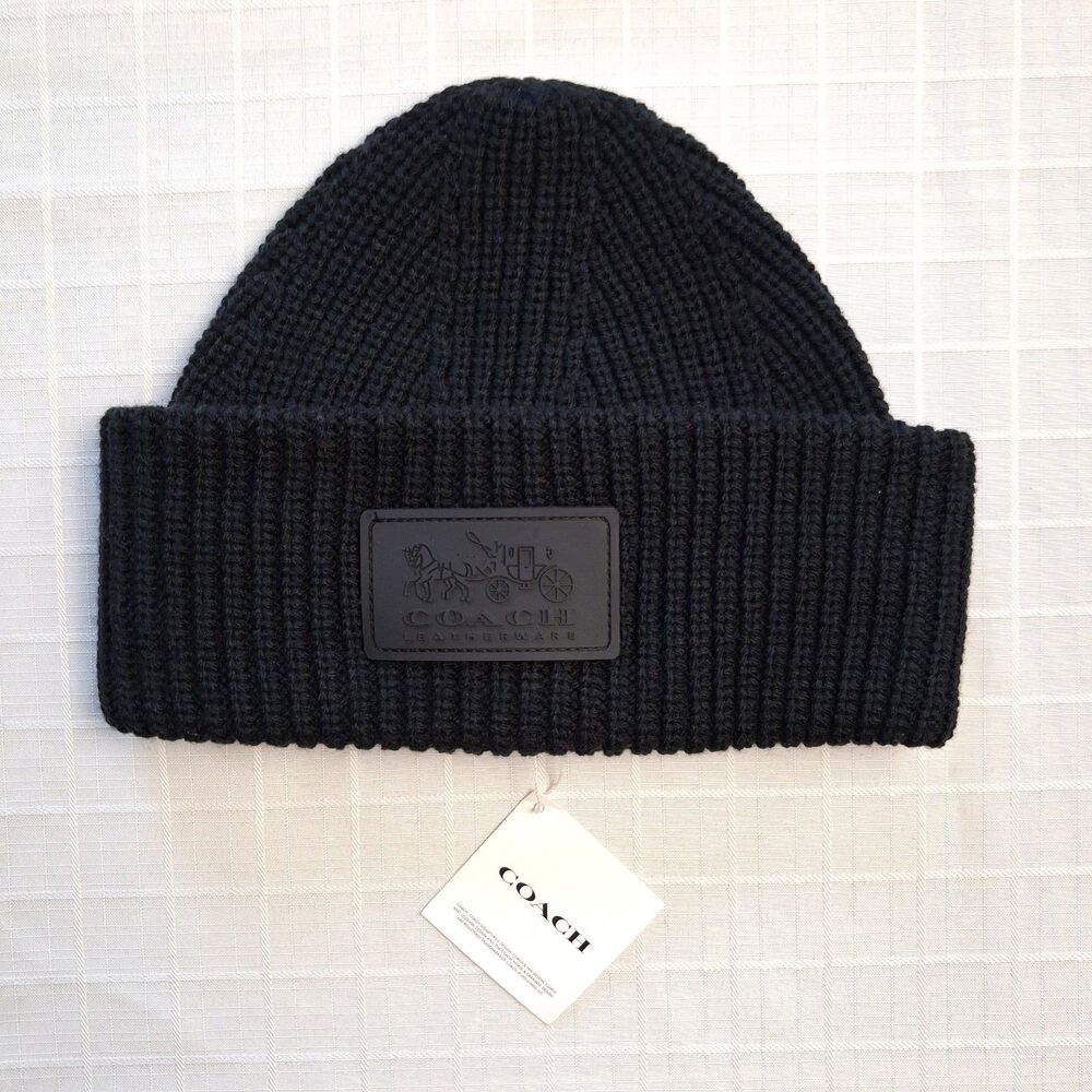 NWT Coach Knit Beanie Hat Black Wool Blend Rubber Patch